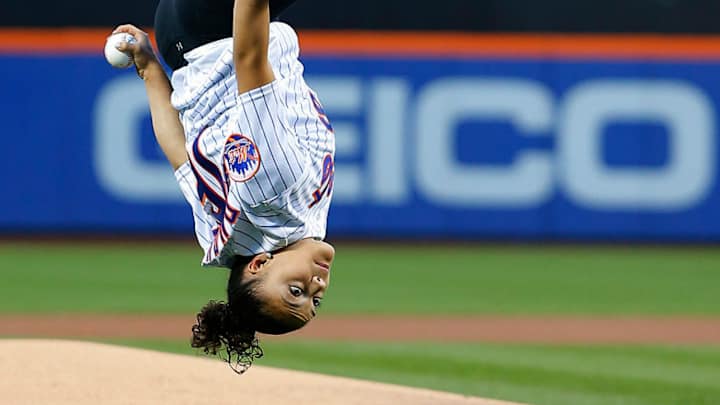 Olympic gymnast Laurie Hernandez does aerial into a ceremonial first pitch Olympic gymnast Laurie Hernandez does aerial into a ceremonial first pitch