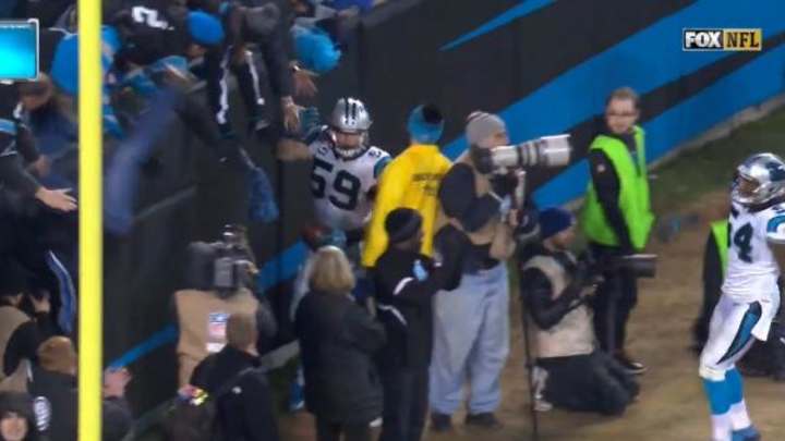 Watch: Panthers fan falls out of stands celebrating touchdown Watch: Panthers fan falls out of stands celebrating touchdown