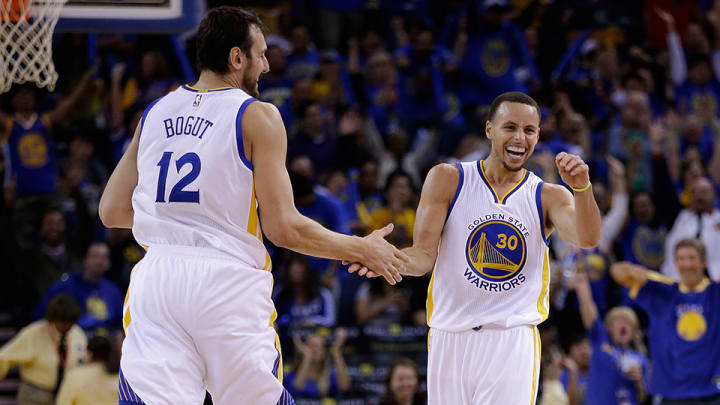 Watch: Andrew Bogut celebrates Curry three before it leaves his hand Watch: Andrew Bogut celebrates Curry three before it leaves his hand