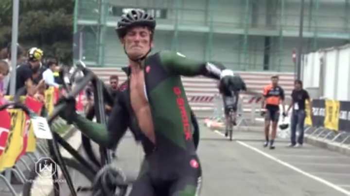 Watch: Cyclist snaps his friend’s bike in half after crashing near finish line