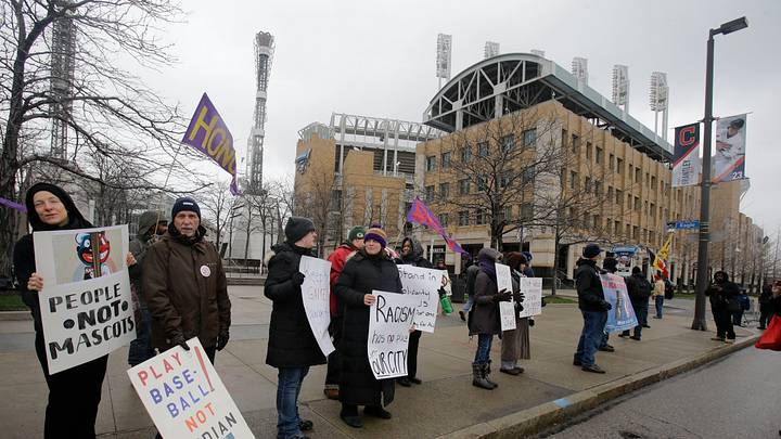 Small group protests Indians' use of Chief Wahoo logo