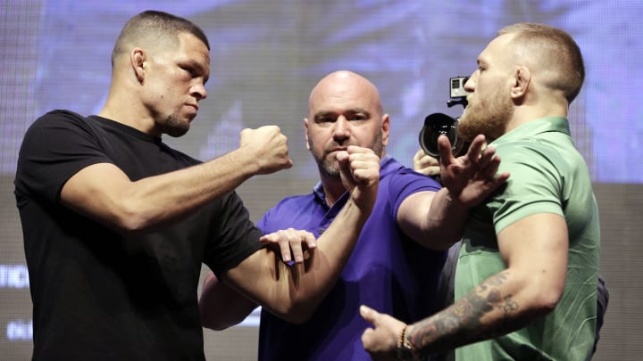 Conor McGregor, Nate Diaz throw bottles at each other during press conference Conor McGregor, Nate Diaz throw bottles at each other during press conference