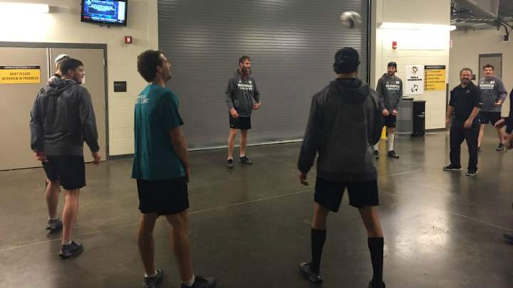 The Sharks’ warmup hit a snag when their soccer ball got stuck up a wall