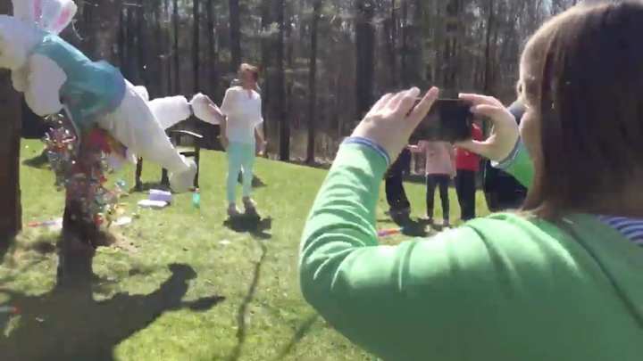 Penn State’s James Franklin dresses as Easter bunny, tackles pinata