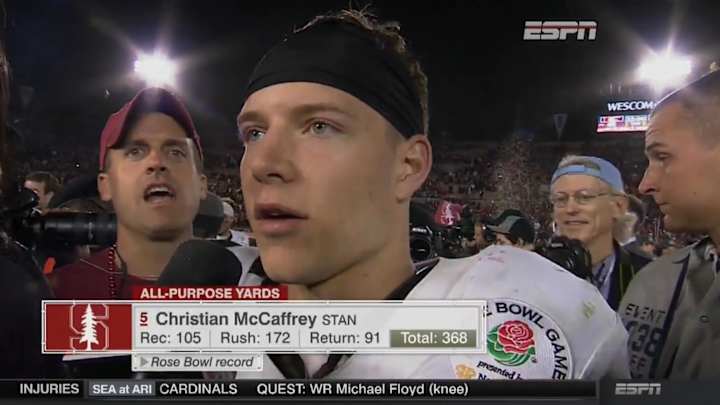Stanford fan realizes he is on TV, shouts ‘Heisman’ behind McCaffrey