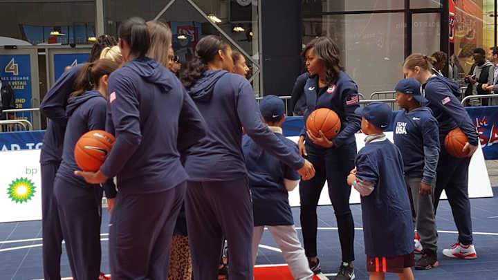 First lady Michelle Obama appears with US Olympians