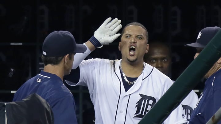 Victor Martinez ejected, then throws helmet from dugout