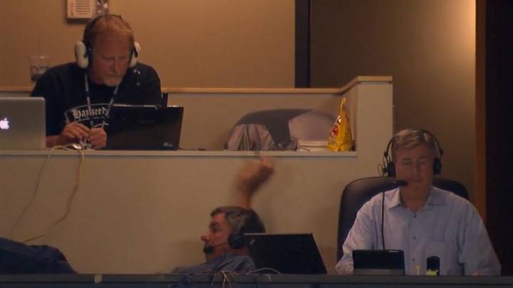 Watch: Pirates radio announcer takes a tumble in the booth Watch: Pirates radio announcer takes a tumble in the booth