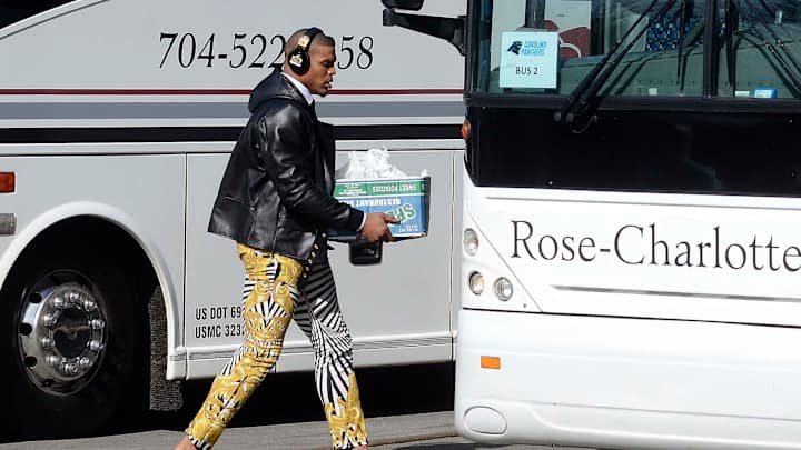 Cam Newton goes with zebra pants for trip to Super Bowl
