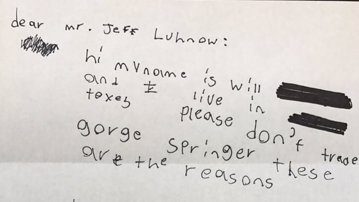 Little kid asks Astros GM Jeff Luhnow not to trade George Springer in adorable letter