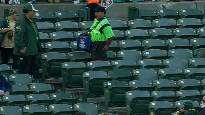 An ice cream vendor in Oakland got hit square in the butt with a foul ball