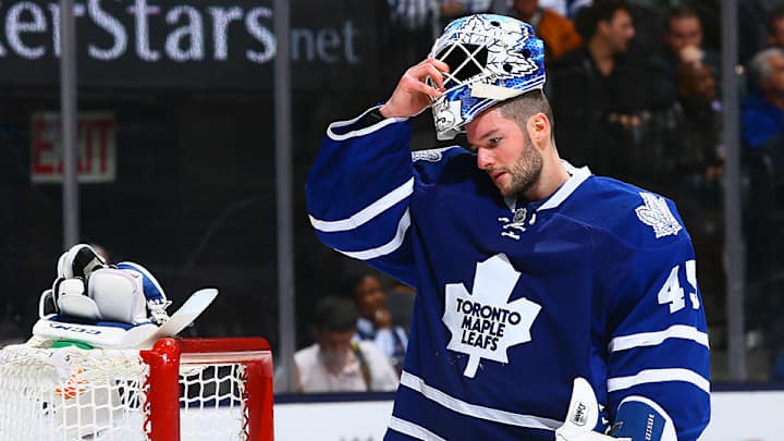 Watch: Jonathan Bernier realizes he spit on an ice crew member