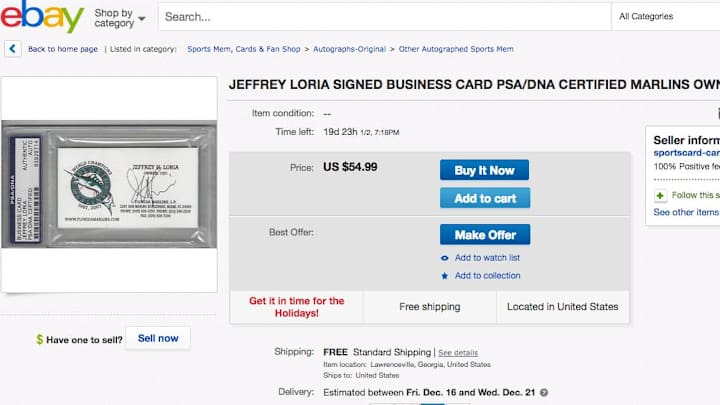 People are calling Jeffrey Loria after his business card ended up on Ebay