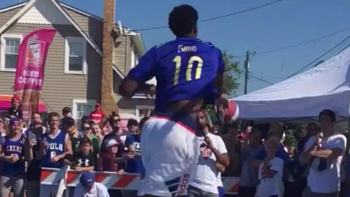 Joel Embiid swatted the living daylights out of some poor kid's jumper Joel Embiid swatted the living daylights out of some poor kid's jumper