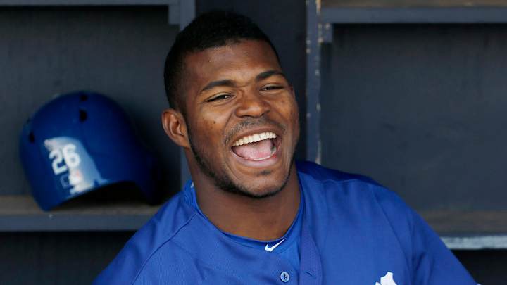 Yasiel Puig coached first base in a Triple A game