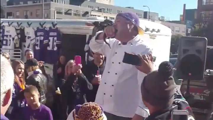 Crazy Vikings fan bites head off live fish during tailgate Crazy Vikings fan bites head off live fish during tailgate