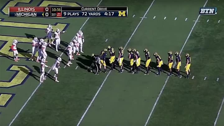 Michigan used its wacky 11-man I-formation again to score a touchdown Michigan used its wacky 11-man I-formation again to score a touchdown