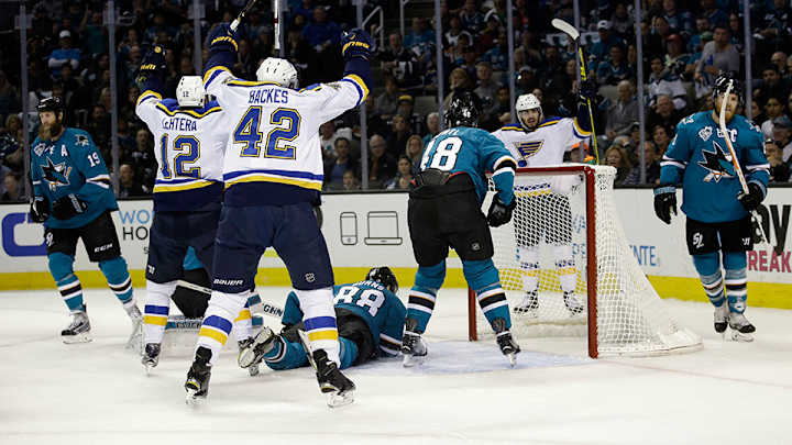 Blues roll to Game 4 win over Sharks, even series