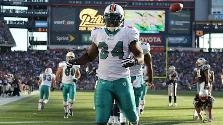 Former Dolphin Ricky Williams hugs a literal dolphin