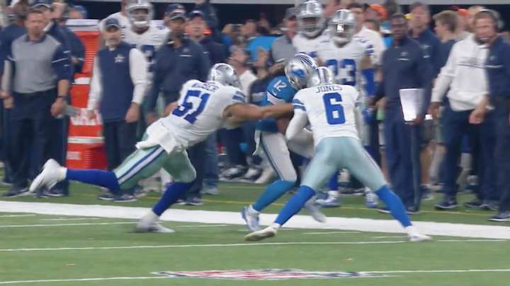 Cowboys punter Chris Jones just flattened the Lions’ kick returner Cowboys punter Chris Jones just flattened the Lions’ kick returner