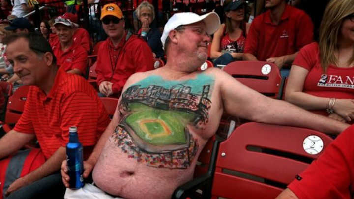 Cardinals fan has Busch Stadium mural painted on chest Cardinals fan has Busch Stadium mural painted on chest
