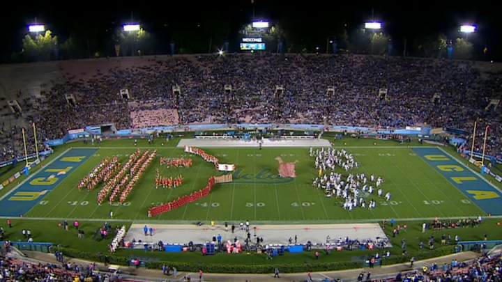 Cal, UCLA bands team up for fall of Trojans halftime show
