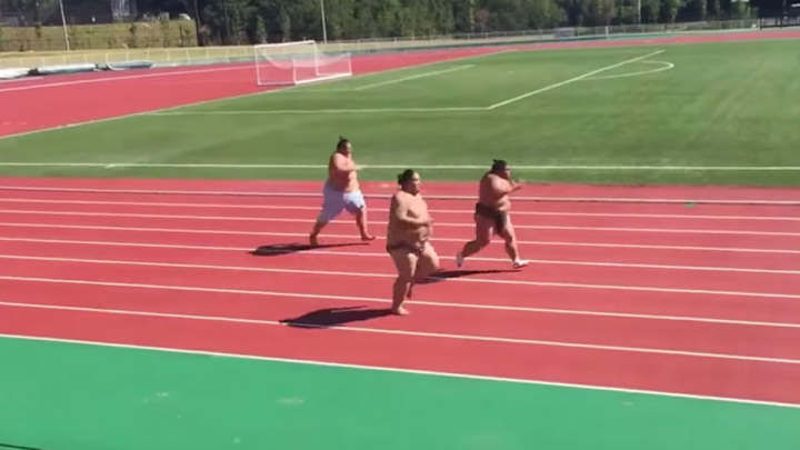 Watch: Three sumo wrestlers race on a track in a sprint to the finish Watch: Three sumo wrestlers race on a track in a sprint to the finish