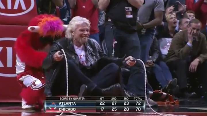 Watch Richard Branson wipe out as a bowling ball at the Bulls game Watch Richard Branson wipe out as a bowling ball at the Bulls game