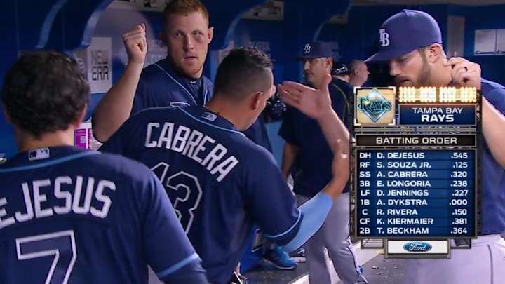 Rays rookie Allan Dykstra fouled a ball off his face