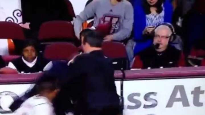 Injured St. Bonaventure coach falls off scooter in handshake line