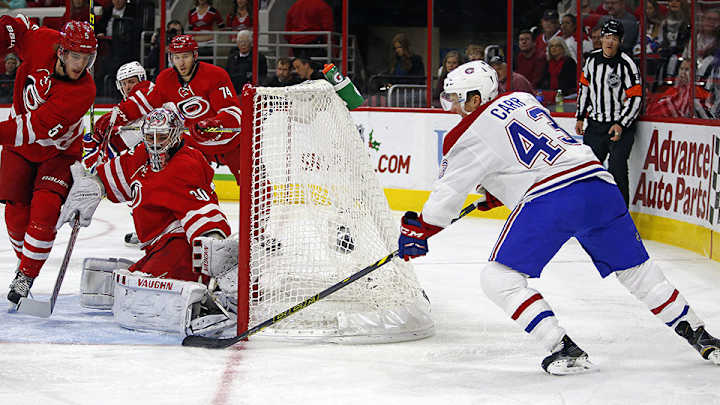 Canadiens’ Daniel Carr scores on first shot of first NHL shift vs. Hurricanes