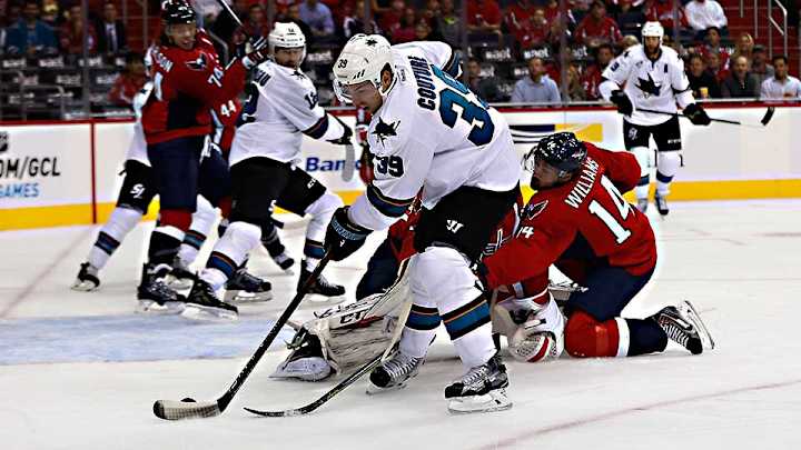 Logan Couture of Sharks injured in practice, leaves on crutches