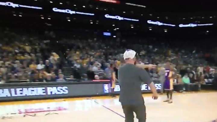 Watch: Warriors fan hits shot during timeout to win haircuts, taunts Lakers