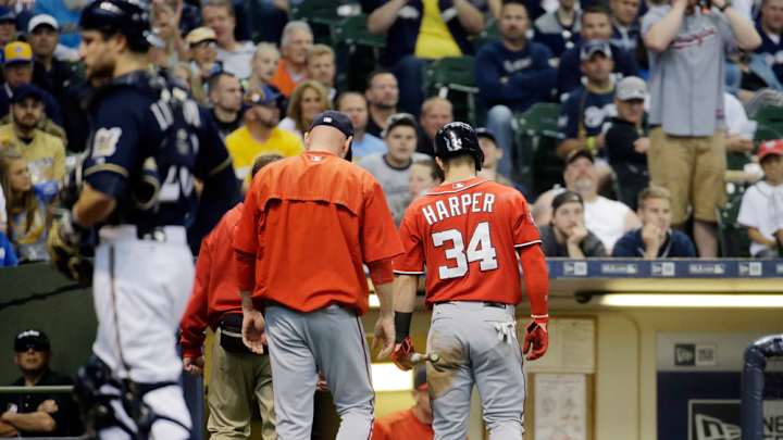 Nationals’ Bryce Harper out of lineup Sunday after hit by pitch Nationals’ Bryce Harper out of lineup Sunday after hit by pitch