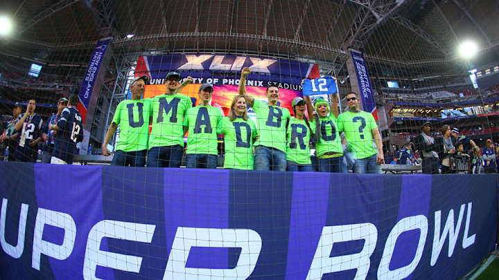 Seahawks fans form 'U Mad Bro?' t-shirt formation at Super Bowl