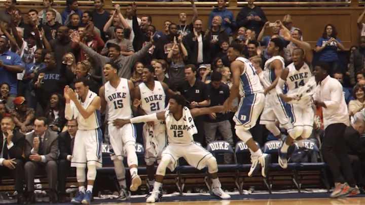 Duke bench goes insane because Marshall Plumlee hit a three-pointer