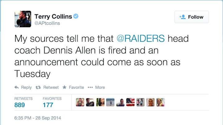 Raiders coach Dennis Allen gone then not gone in Twitter fiasco