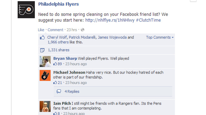 The Flyers are Encouraging Their Fans to Unfriend Anyone Who Likes the Rangers on Facebook The Flyers are Encouraging Their Fans to Unfriend Anyone Who Likes the Rangers on Facebook