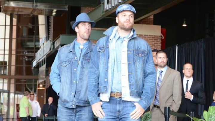 Aaron Rodgers wore a ton of denim to the Packers welcome back luncheon Aaron Rodgers wore a ton of denim to the Packers welcome back luncheon