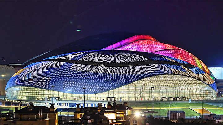 Sochi's Bolshoy Ice Dome lights up with the score of the hockey game