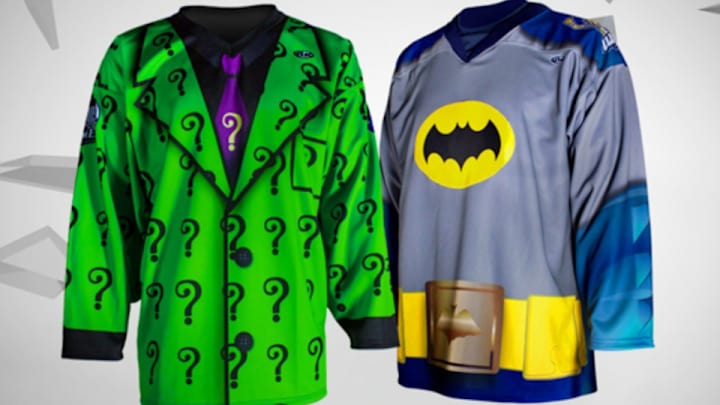 Batman and The Riddler square off in minor league hockey fight Batman and The Riddler square off in minor league hockey fight