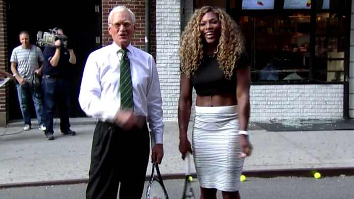 Serena Williams smashes a deli's front window with a forehand on Letterman