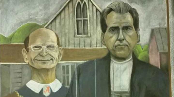 Bar remakes American Gothic with Nick Saban, Paul Finebaum