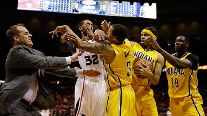 Video: Hawks' Mike Scott, Pacers' George Hill get technicals after face-to-face exchange