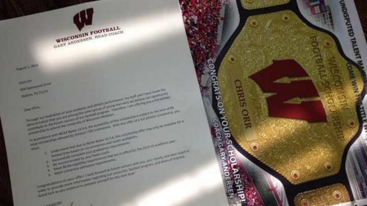 Wisconsin football is sending photoshopped WWE championship belts with scholarship offers Wisconsin football is sending photoshopped WWE championship belts with scholarship offers