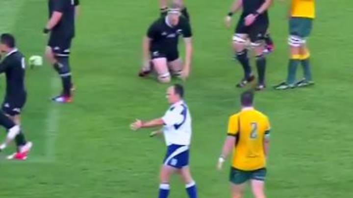Ref gets trucked by rugby player
