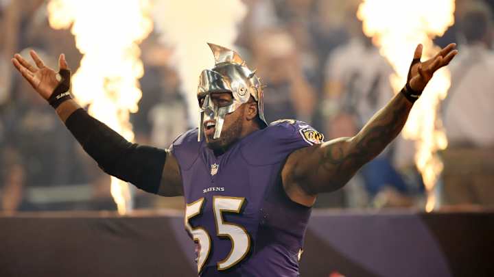 Terrell Suggs ran onto the field in a Gladiator helmet Terrell Suggs ran onto the field in a Gladiator helmet