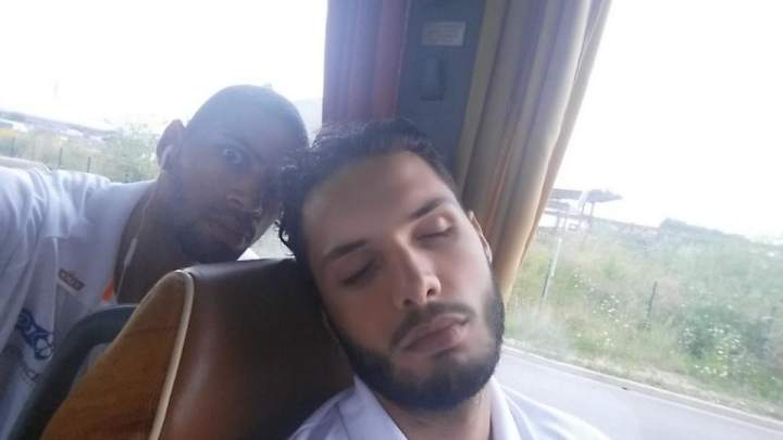 Nicolas Batum is creeping hard on a sleeping Evan Fournier Nicolas Batum is creeping hard on a sleeping Evan Fournier