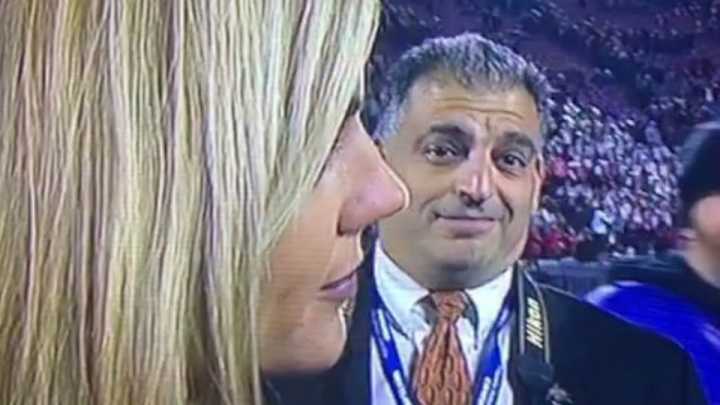 Man creeps everyone out with Jimbo Fisher videobomb Man creeps everyone out with Jimbo Fisher videobomb