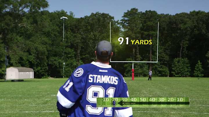 Steven Stamkos puts a puck through field goal posts at 91 yards Steven Stamkos puts a puck through field goal posts at 91 yards